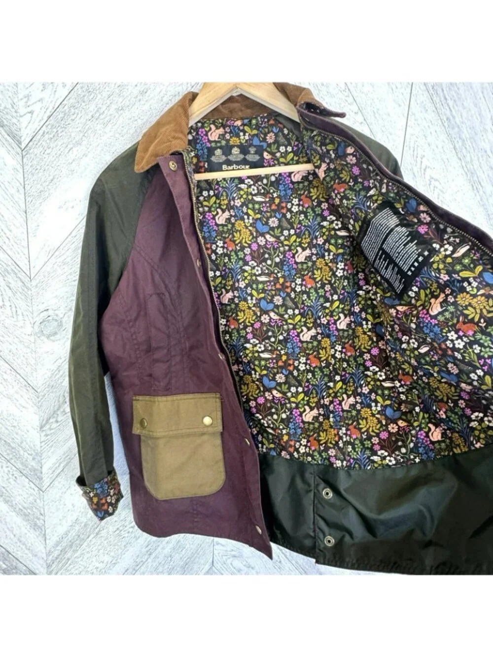 Barbour Kids XL 12/13 Beadnell Wax Jacket Colorblock Floral Woodland Lining - Picture 8 of 11